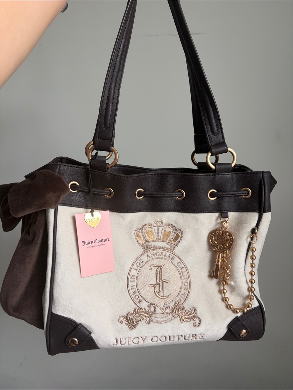 NWT | Juicy Couture Exclusive Daydreamer Cream and Brown Embroidered Crest Tote